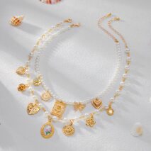 Baroque Layered Enamel Flower Heart Sun Pendant Pearl Chain Necklace Set - ArtGalleryZen