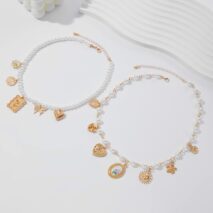 Baroque Layered Enamel Flower Heart Sun Pendant Pearl Chain Necklace Set - ArtGalleryZen