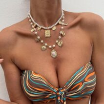 Baroque Layered Enamel Flower Heart Sun Pendant Pearl Chain Necklace Set - ArtGalleryZen