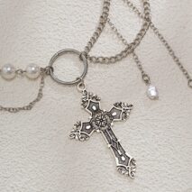 Baroque Layered Floral Cross Pendant Pearl Chain Choker Necklace - ArtGalleryZen