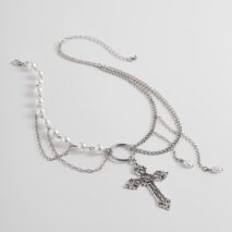 Baroque Layered Floral Cross Pendant Pearl Chain Choker Necklace - ArtGalleryZen