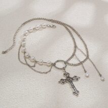 Baroque Layered Floral Cross Pendant Pearl Chain Choker Necklace - ArtGalleryZen