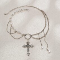 Baroque Layered Floral Cross Pendant Pearl Chain Choker Necklace - ArtGalleryZen