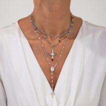 Baroque Layered Gold Silver Tone Cross Pendant Crystal Chain Y Necklace Set - ArtGalleryZen