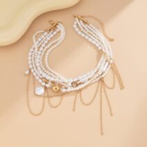 Baroque Layered Gold Tone Pearl Chain Tassel Choker Necklace - ArtGalleryZen
