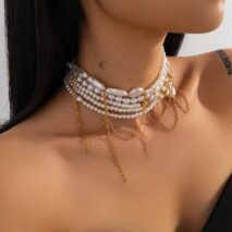Baroque Layered Gold Tone Pearl Chain Tassel Choker Necklace - ArtGalleryZen