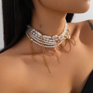 Baroque Layered Gold Tone Pearl Chain Tassel Choker Necklace - ArtGalleryZen