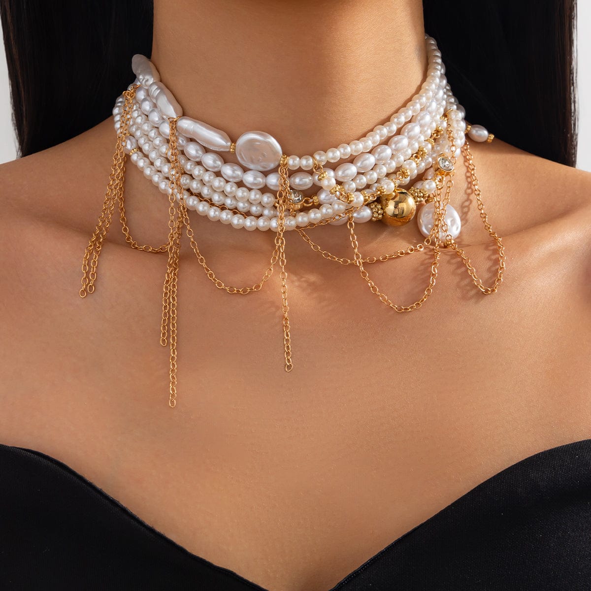 Baroque Layered Gold Tone Pearl Chain Tassel Choker Necklace - ArtGalleryZen