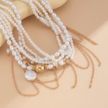 Baroque Layered Gold Tone Pearl Chain Tassel Choker Necklace - ArtGalleryZen