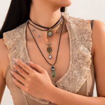 Baroque Layered Healing Crystal Waterdrop Pendant Wax Cord Necklace Set - ArtGalleryZen