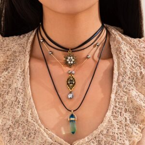 Baroque Layered Healing Crystal Waterdrop Pendant Wax Cord Necklace Set - ArtGalleryZen