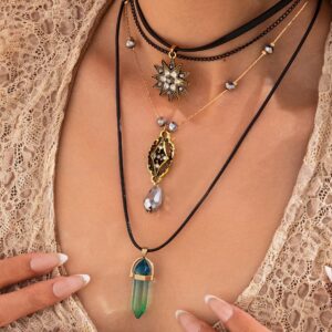 Baroque Layered Healing Crystal Waterdrop Pendant Wax Cord Necklace Set - ArtGalleryZen