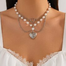 Baroque Layered Pattern Heart Pendant Pearl Chain Necklace - ArtGalleryZen
