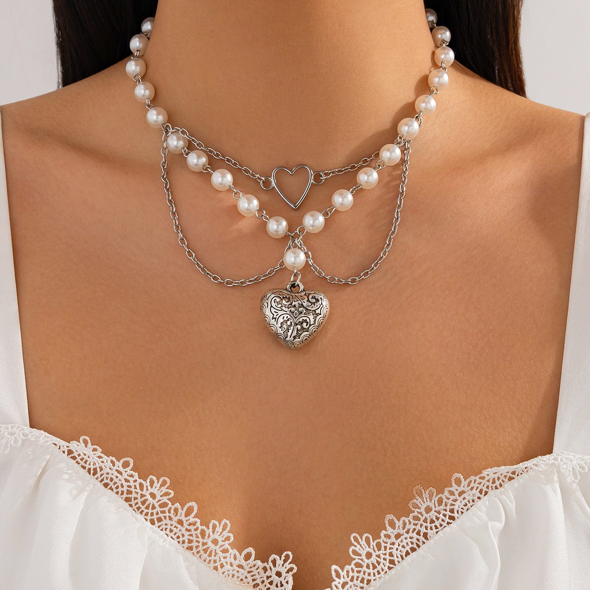 Baroque Layered Pattern Heart Pendant Pearl Chain Necklace - ArtGalleryZen