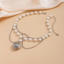 Baroque Layered Pattern Heart Pendant Pearl Chain Necklace - ArtGalleryZen