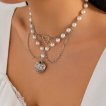 Baroque Layered Pattern Heart Pendant Pearl Chain Necklace - ArtGalleryZen