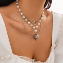 Baroque Layered Pattern Heart Pendant Pearl Chain Necklace - ArtGalleryZen