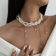 Baroque Layered Pearl Chain Tassel Choker Necklace - ArtGalleryZen