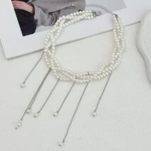 Baroque Layered Pearl Chain Tassel Choker Necklace - ArtGalleryZen