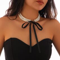 Baroque Layered Ribbon Bowknot Pearl Chain Necklace - ArtGalleryZen