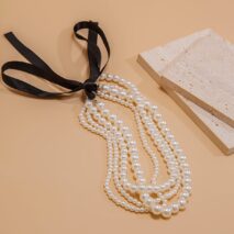 Baroque Layered Ribbon Bowknot Pearl Chain Necklace - ArtGalleryZen