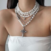 Baroque Layered Rose Cross Pendant Pearl Chain Necklace Set - ArtGalleryZen