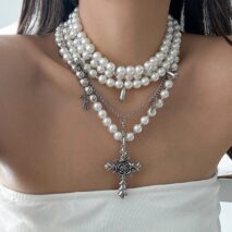 Baroque Layered Rose Cross Pendant Pearl Chain Necklace Set - ArtGalleryZen