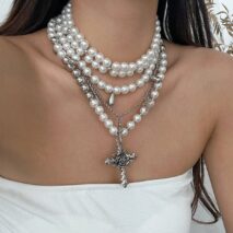 Baroque Layered Rose Cross Pendant Pearl Chain Necklace Set - ArtGalleryZen