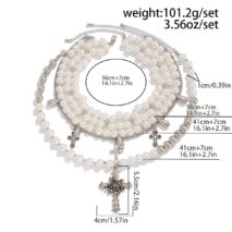 Baroque Layered Rose Cross Pendant Pearl Chain Necklace Set - ArtGalleryZen