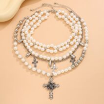 Baroque Layered Rose Cross Pendant Pearl Chain Necklace Set - ArtGalleryZen