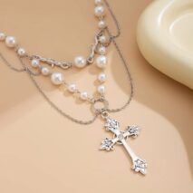 Baroque Layered Silver Plated Cross Pendant Pearl Chain Necklace - ArtGalleryZen