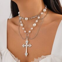Baroque Layered Silver Plated Cross Pendant Pearl Chain Necklace - ArtGalleryZen