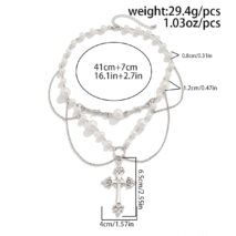Baroque Layered Silver Plated Cross Pendant Pearl Chain Necklace - ArtGalleryZen