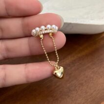 Baroque Pearl CZ Inlaid Heart Dangle Ear Cuff Earring - ArtGalleryZen
