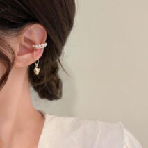 Baroque Pearl CZ Inlaid Heart Dangle Ear Cuff Earring - ArtGalleryZen