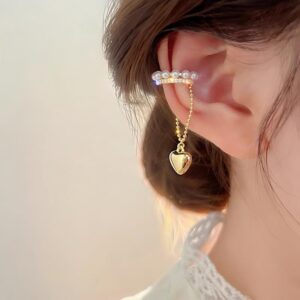 Baroque Pearl CZ Inlaid Heart Dangle Ear Cuff Earring - ArtGalleryZen