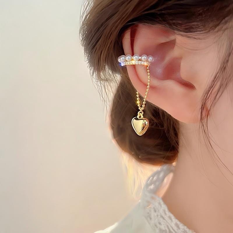 Baroque Pearl CZ Inlaid Heart Dangle Ear Cuff Earring - ArtGalleryZen