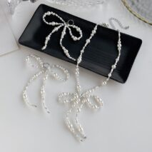 Baroque Pearl Seed Beaded Bowknot Necklace Earrings Set - ArtGalleryZen
