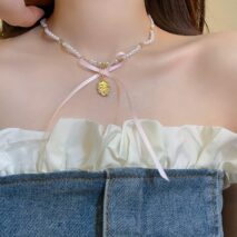 Baroque Pink Ribbon Bowknot Relief Pendant Pearl Necklace - ArtGalleryZen