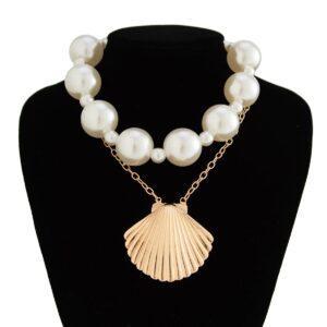 Beach Style 2pcs Chunky Shell Pendant Pearl Chain Necklace Set - ArtGalleryZen