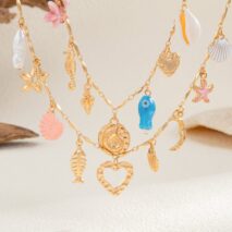 Beach Style 2pcs Enamel Shell Starfish Heart Fish Pendant Necklace Set - ArtGalleryZen