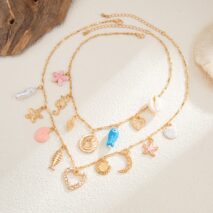 Beach Style 2pcs Enamel Shell Starfish Heart Fish Pendant Necklace Set - ArtGalleryZen