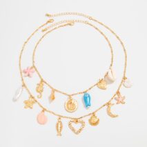 Beach Style 2pcs Enamel Shell Starfish Heart Fish Pendant Necklace Set - ArtGalleryZen