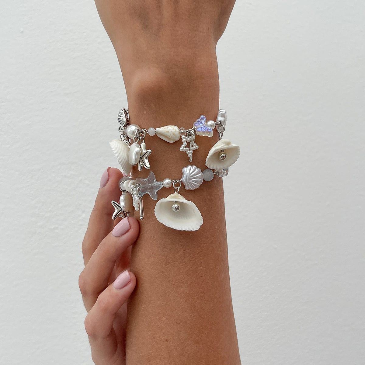 Beach Style 2pcs Shell Starfish Pearl Charm Bracelet Set - ArtGalleryZen