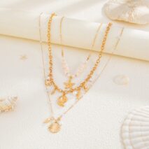 Beach Style 3pcs Conch Shell Starfish Pendant Pearl Chain Necklace Set - ArtGalleryZen