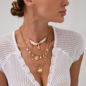 Beach Style 3pcs Conch Shell Starfish Pendant Pearl Chain Necklace Set - ArtGalleryZen