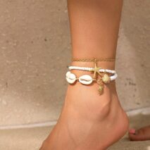 Beach Style 3Pcs Conch Starfish Turtle Charm Seed Bead Anklet Set - ArtGalleryZen