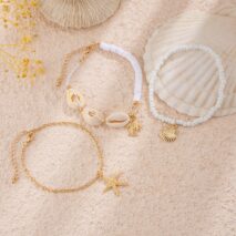 Beach Style 3Pcs Conch Starfish Turtle Charm Seed Bead Anklet Set - ArtGalleryZen