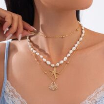 Beach Style 3pcs Shell Starfish Pendant Conch Chain Necklace Set - ArtGalleryZen