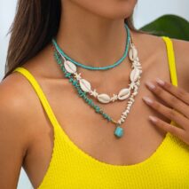 Beach Style 3pcs Turquoise Charm Conch Starfish Seed Beaded Chain Necklace Set - ArtGalleryZen